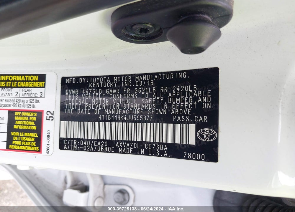 2018 TOYOTA CAMRY SE VIN: 4T1B11HK4JU595877