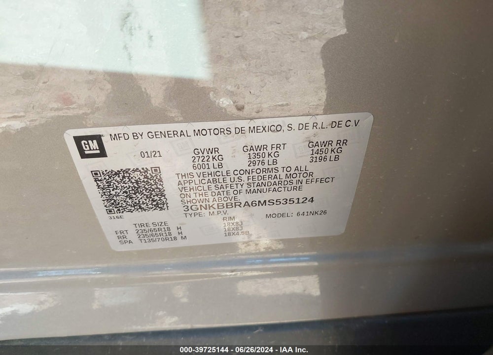 2021 CHEVROLET BLAZER VIN: 3GNKBBRA6MS535124