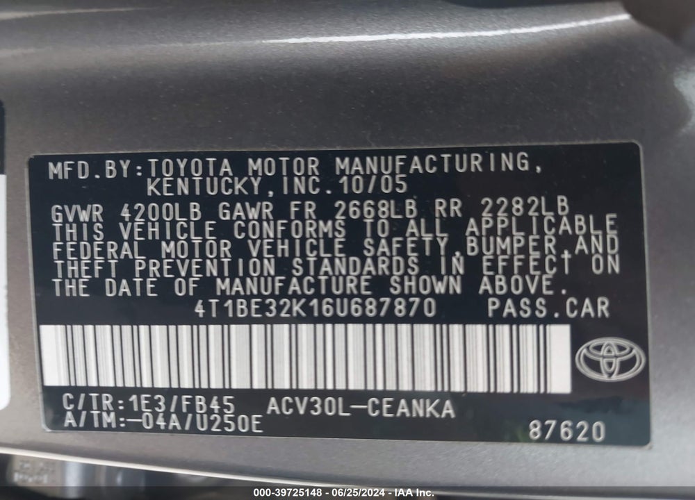 2006 TOYOTA CAMRY LE VIN: 4T1BE32K16U687870