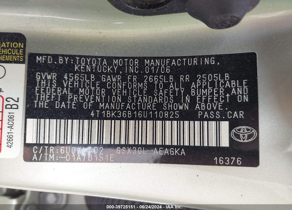 2006 TOYOTA AVALON XLS VIN: 4T1BK36B16U110825