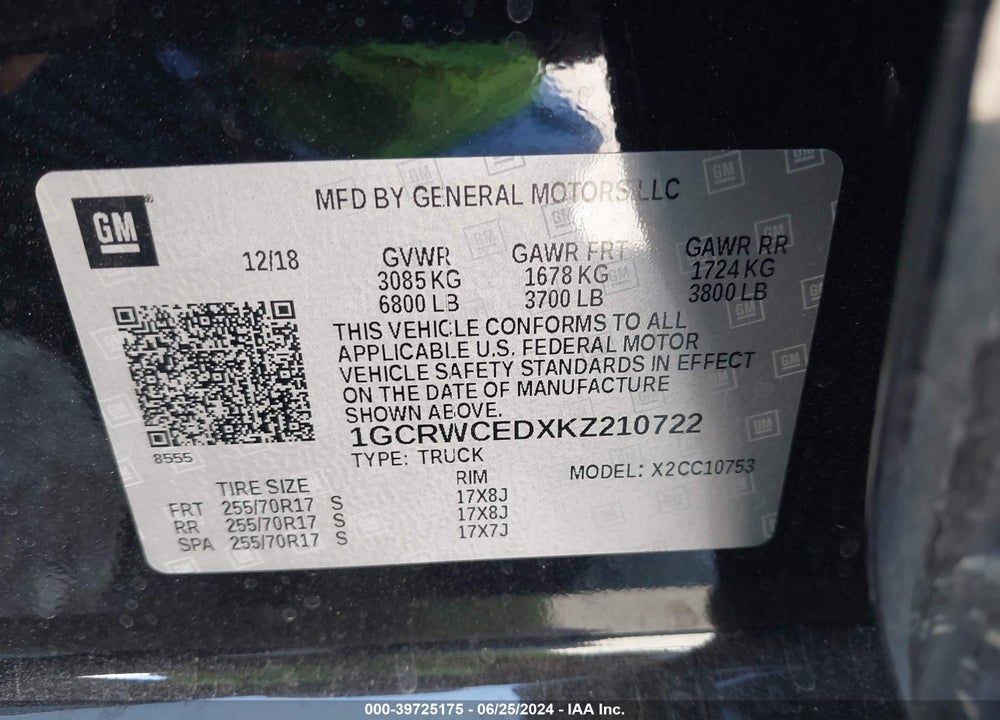 2019 CHEVROLET SILVERADO 1500 VIN: 1GCRWCEDXKZ210722