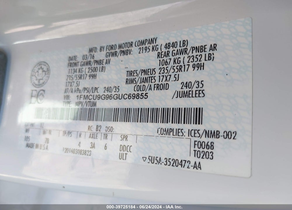 2016 FORD ESCAPE SE VIN: 1FMCU9G96GUC69855