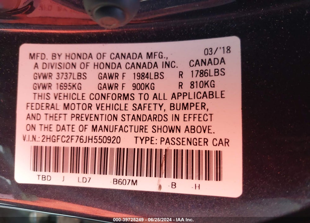 2018 HONDA CIVIC EX VIN: 2HGFC2F76JH550920