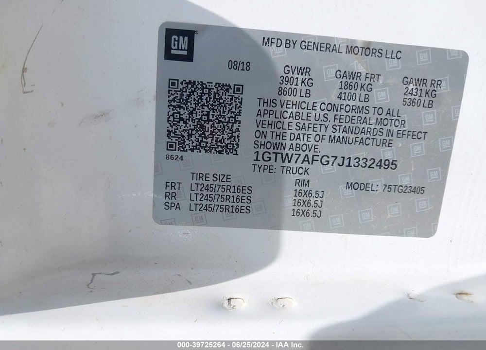 2018 GMC SAVANA 2500 WORK VAN VIN: 1GTW7AFG7J1332495