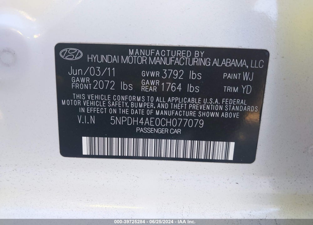 2012 HYUNDAI ELANTRA GLS VIN: 5NPDH4AE0CH077079