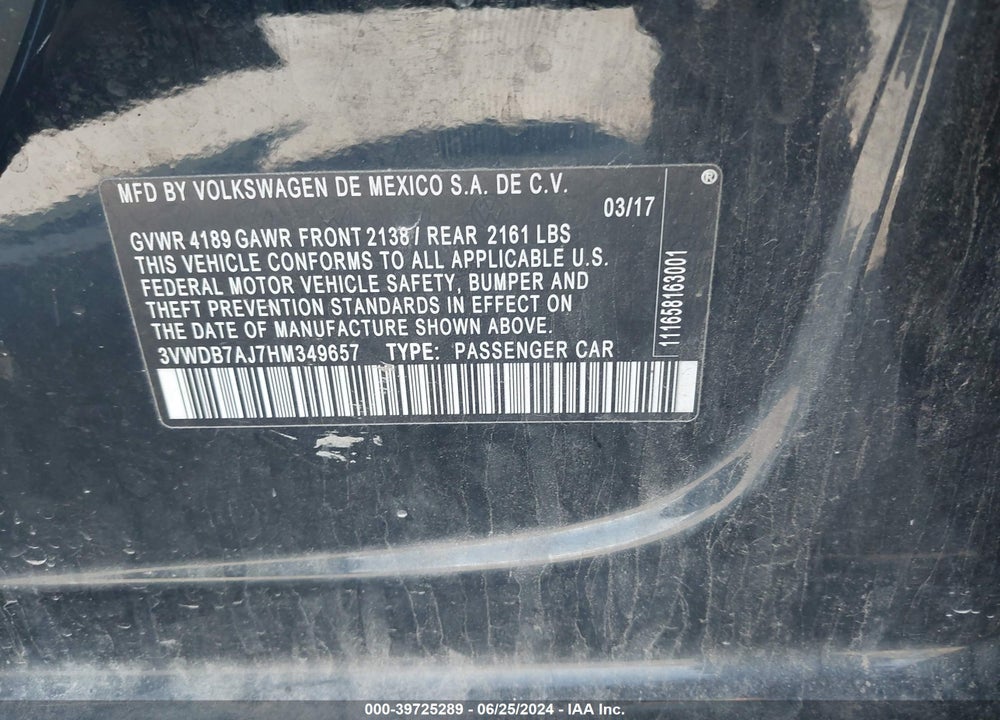 2017 VOLKSWAGEN JETTA 1.4T SE VIN: 3VWDB7AJ7HM349657