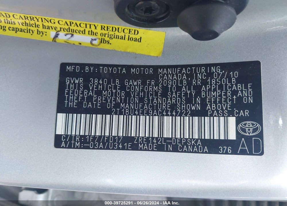 2010 TOYOTA COROLLA S VIN: 2T1BU4EE9AC444722