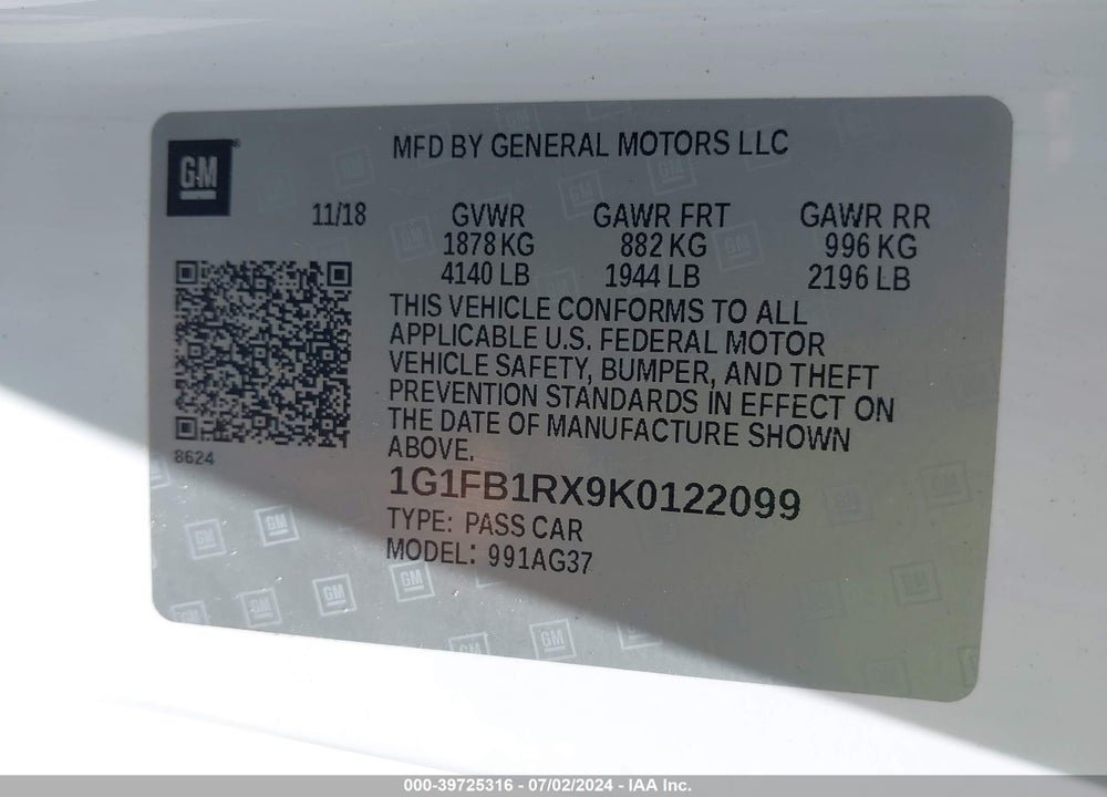 2019 CHEVROLET CAMARO 1LT VIN: 1G1FB1RX9K0122099