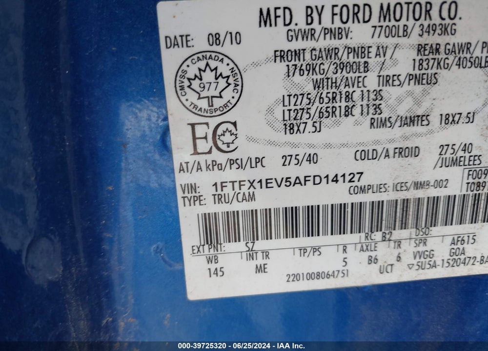 2010 FORD F-150 VIN: 1FTFX1EV5AFD14127