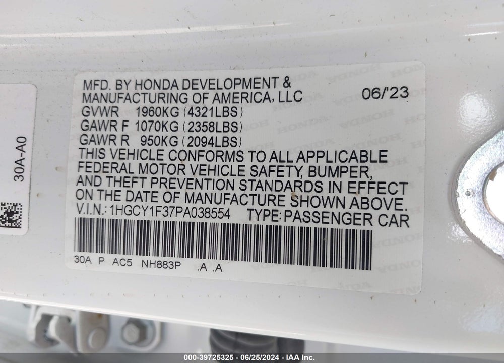 2023 HONDA ACCORD EX VIN: 1HGCY1F37PA038554