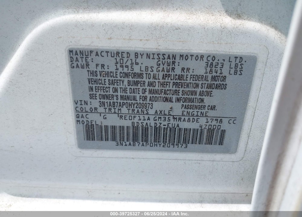 2017 NISSAN SENTRA VIN: 3N1AB7AP0HY209973