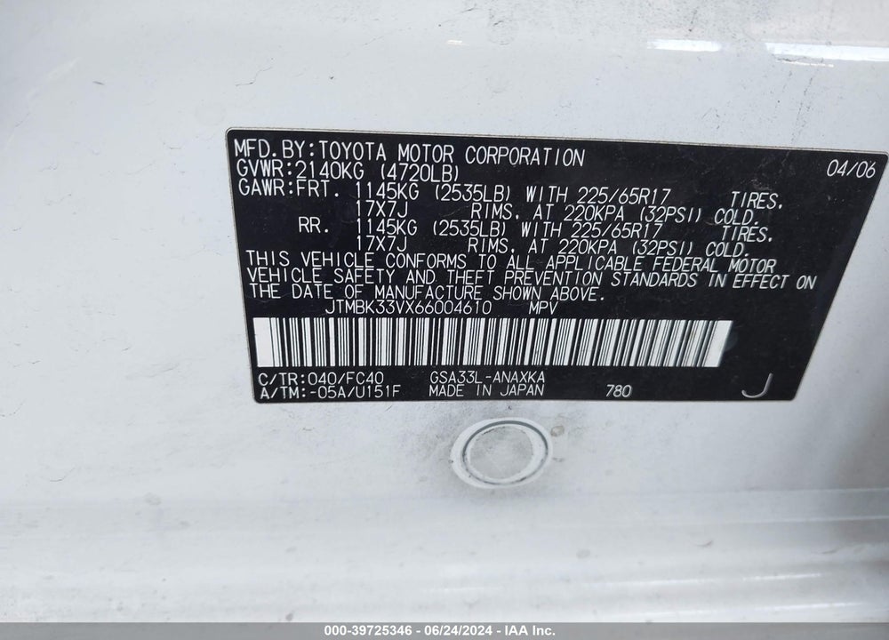 2006 TOYOTA RAV4 BASE V6 VIN: JTMBK33VX66004610