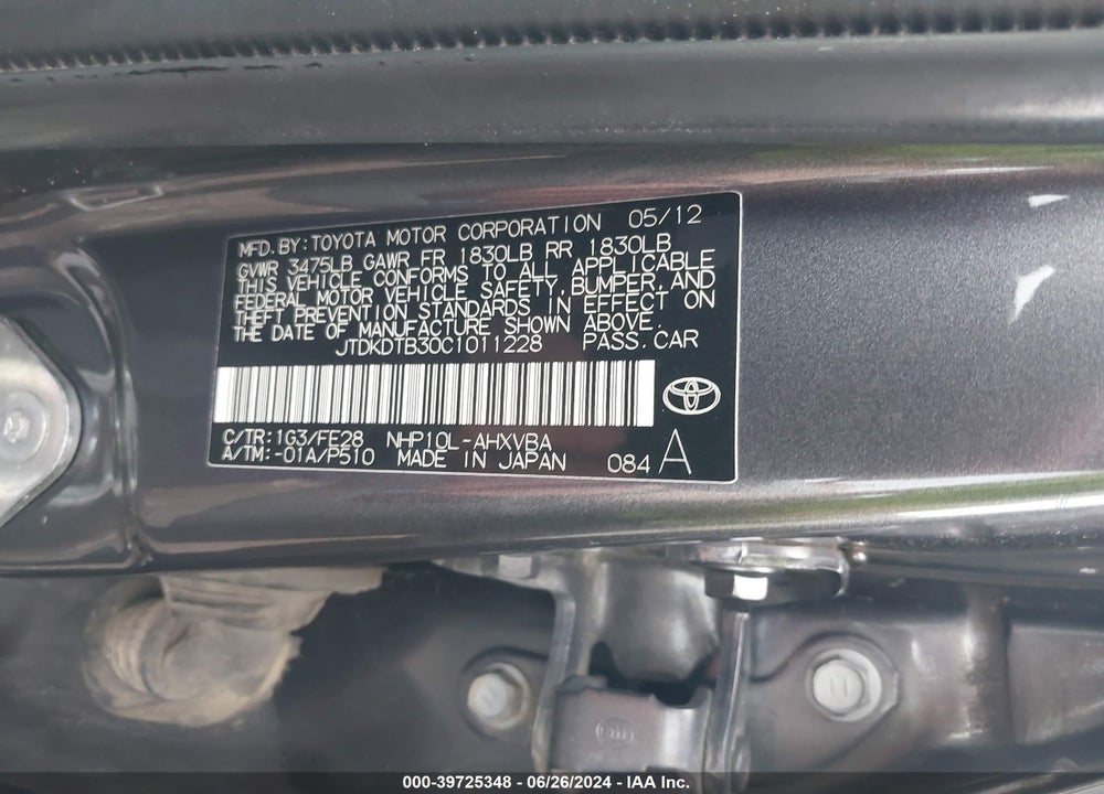 2012 TOYOTA PRIUS C ONE VIN: JTDKDTB30C1011228