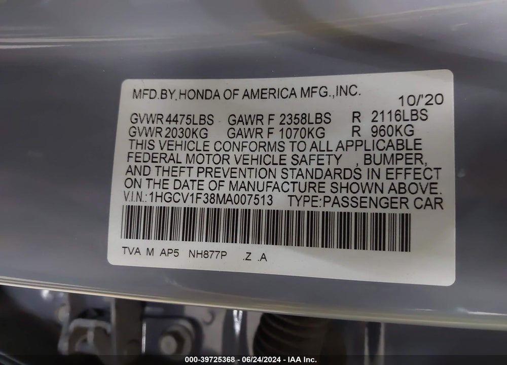 2021 HONDA ACCORD SPORT VIN: 1HGCV1F38MA007513