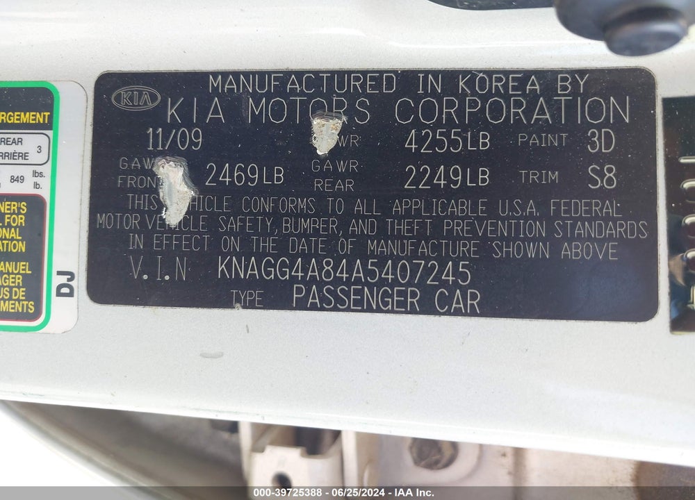 2010 KIA OPTIMA LX VIN: KNAGG4A84A5407245