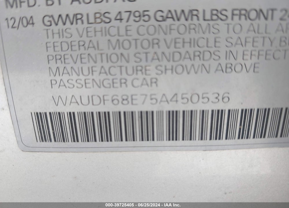 2005 AUDI A4 2.0T VIN: WAUDF68E75A450536