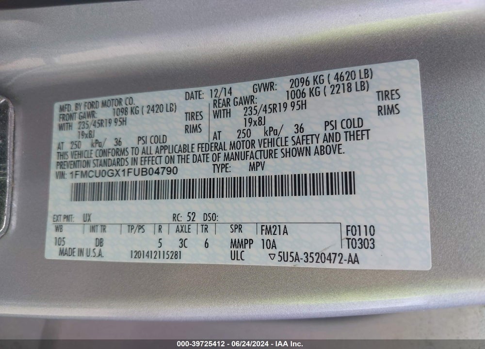 2015 FORD ESCAPE SE VIN: 1FMCU0GX1FUB04790