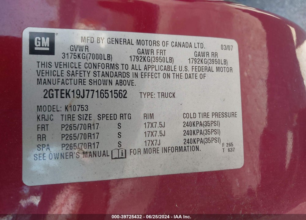 2007 GMC SIERRA 1500 SLE1 VIN: 2GTEK19J771651562