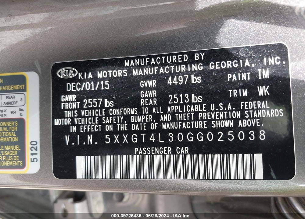 2016 KIA OPTIMA LX VIN: 5XXGT4L30GG025038