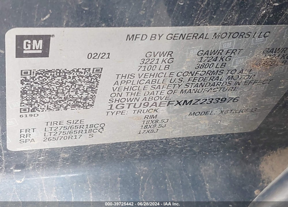 2021 GMC SIERRA 1500 4WD  SHORT BOX VIN: 1GTU9AEFXMZ233976