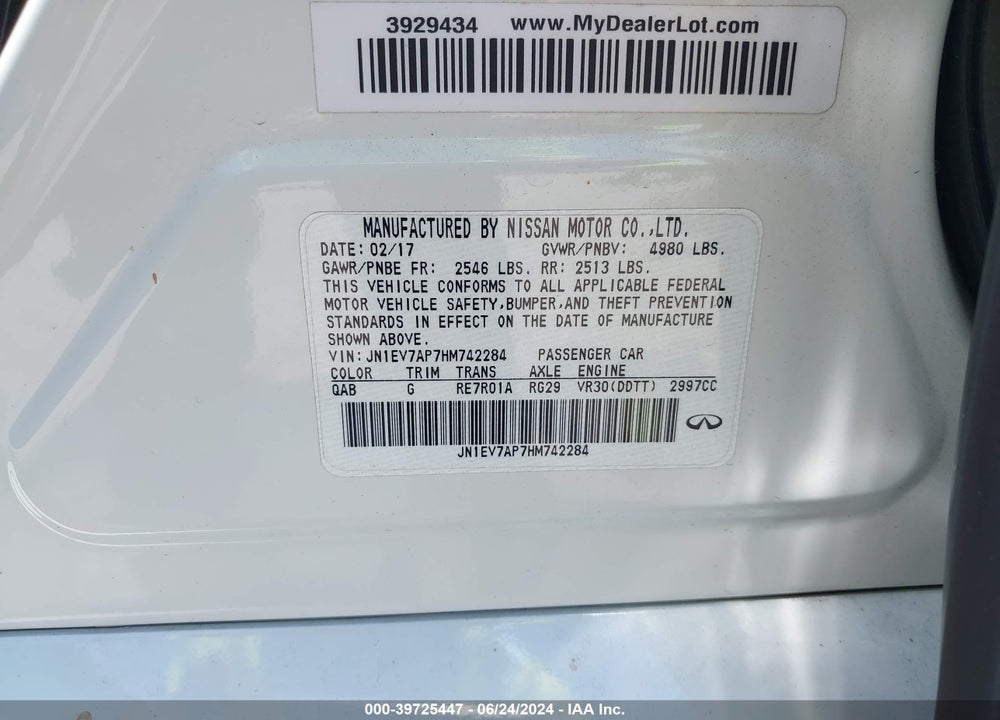 2017 INFINITI Q50 3.0T SIGNATURE EDITION VIN: JN1EV7AP7HM742284