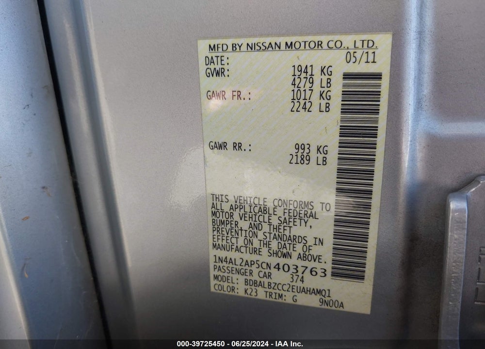 2012 NISSAN ALTIMA 2.5 S VIN: 1N4AL2AP5CN403763