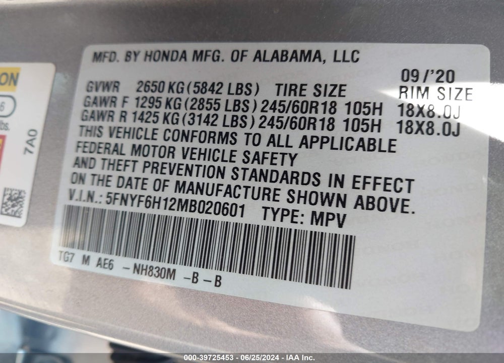2021 HONDA PILOT AWD LX VIN: 5FNYF6H12MB020601