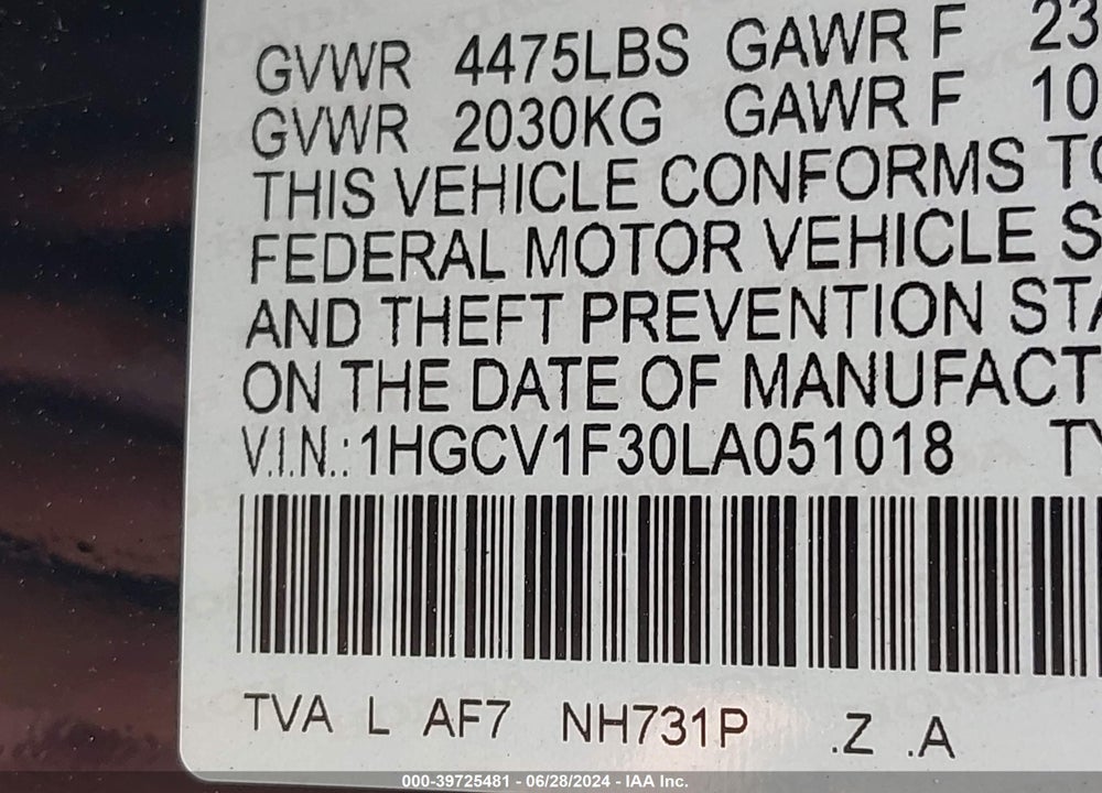2020 HONDA ACCORD SPORT VIN: 1HGCV1F30LA051018