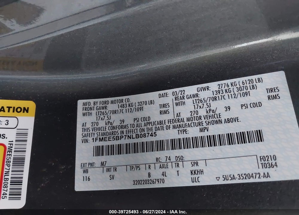 2022 FORD BRONCO BLACK DIAMOND VIN: 1FMEE5BP7NLB08745