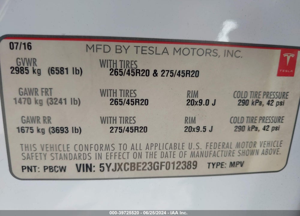 2016 TESLA MODEL X VIN: 5YJXCBE23GF012389