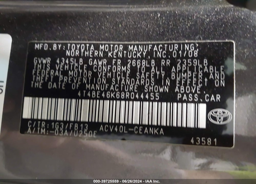 2008 TOYOTA CAMRY LE VIN: 4T4BE46K68R044455