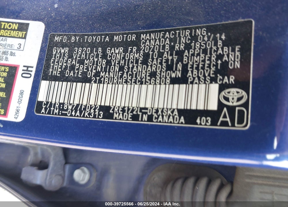 2014 TOYOTA COROLLA S PLUS VIN: 2T1BURHE5EC156808