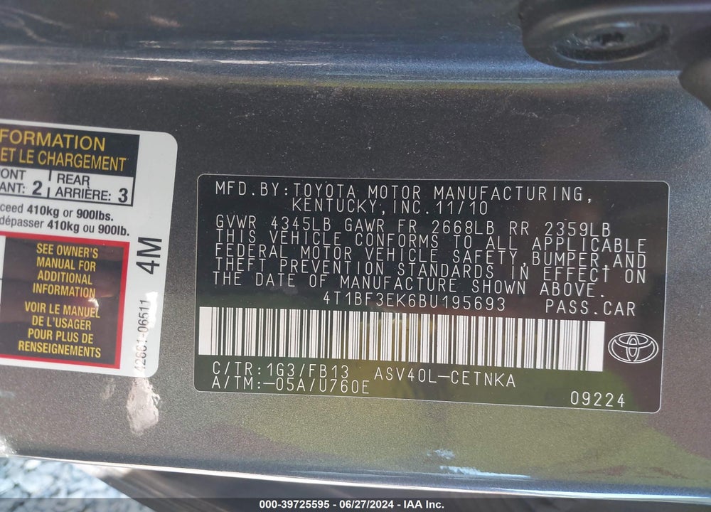 2011 TOYOTA CAMRY LE VIN: 4T1BF3EK6BU195693