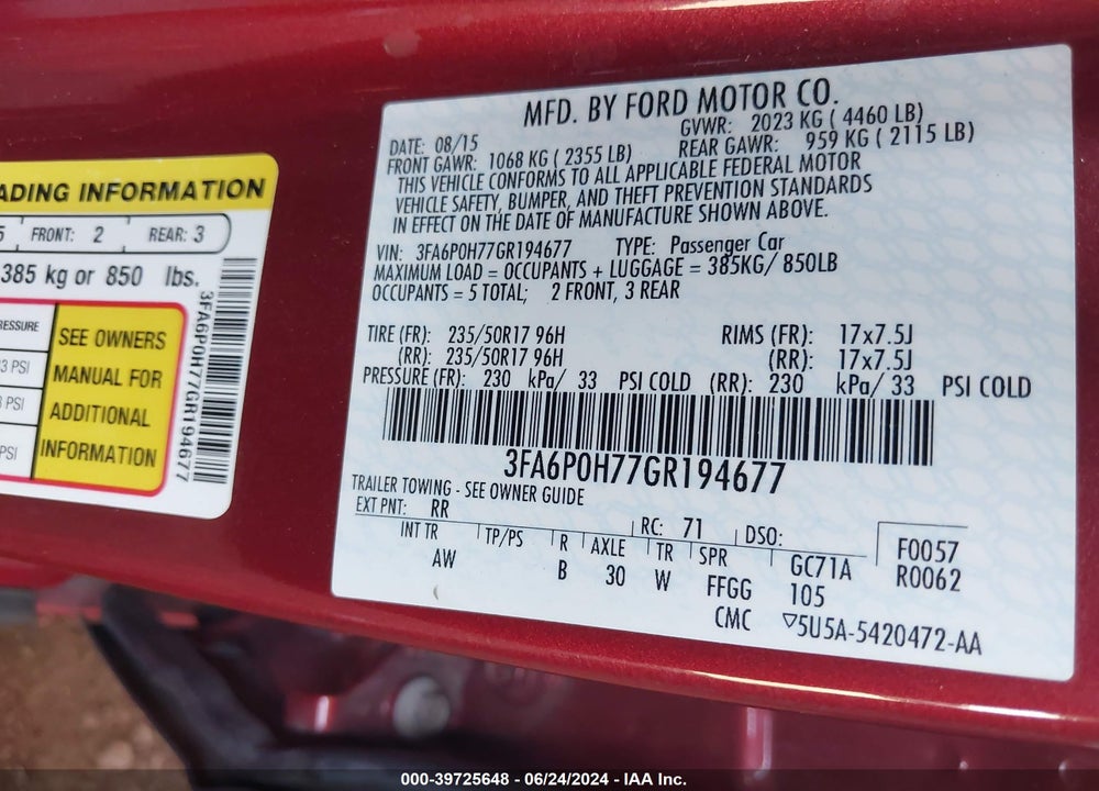 2016 FORD FUSION SE VIN: 3FA6P0H77GR194677