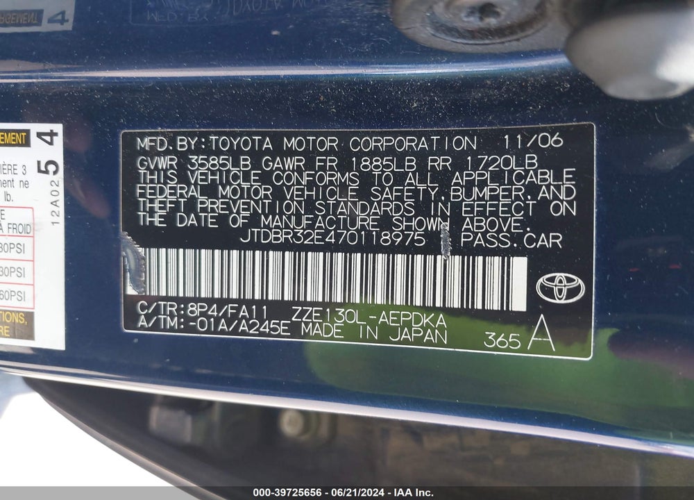 2007 TOYOTA COROLLA CE VIN: JTDBR32E470118975