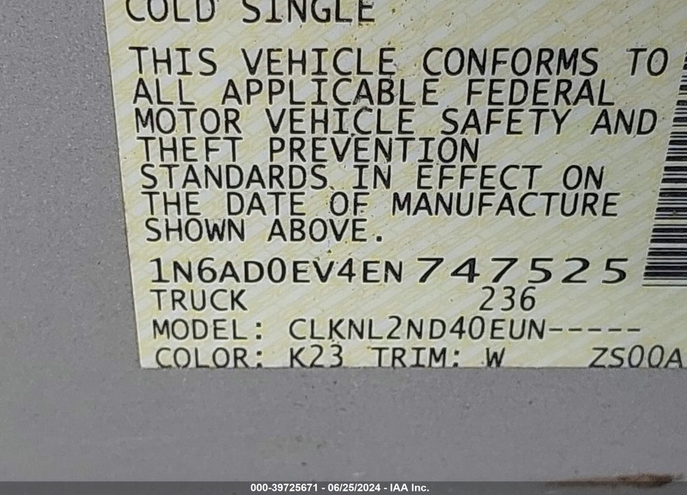 2014 NISSAN FRONTIER SV VIN: 1N6AD0EV4EN747525