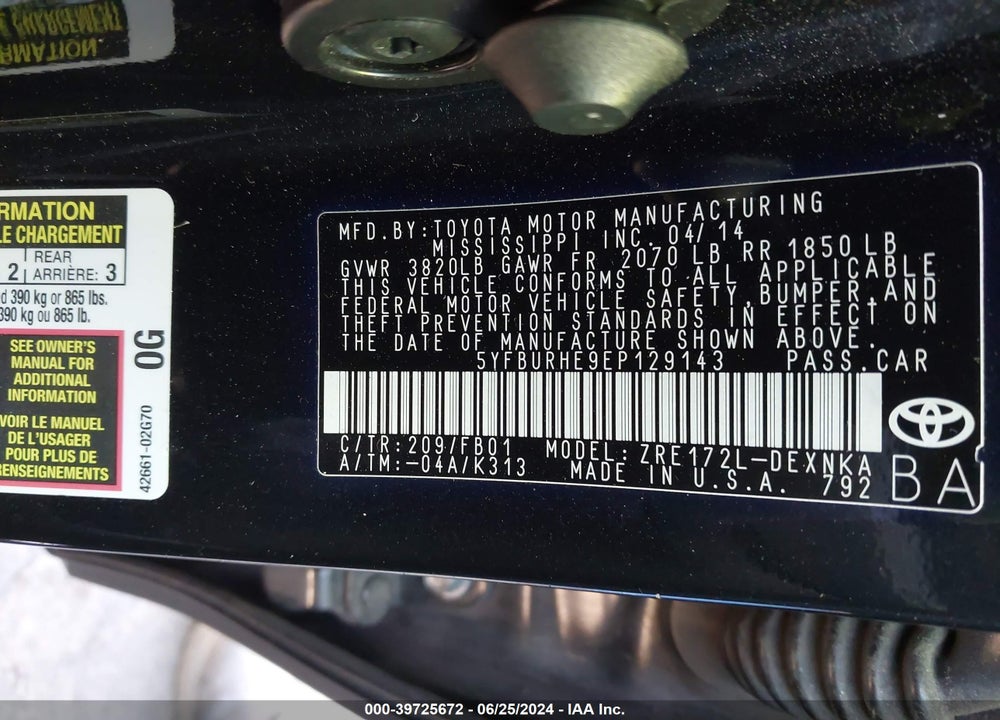 2014 TOYOTA COROLLA LE PLUS VIN: 5YFBURHE9EP129143