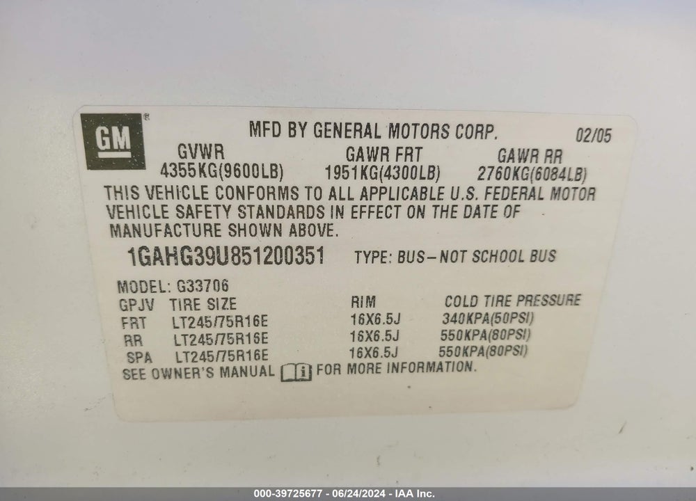 2005 CHEVROLET EXPRESS VIN: 1GAHG39U851200351