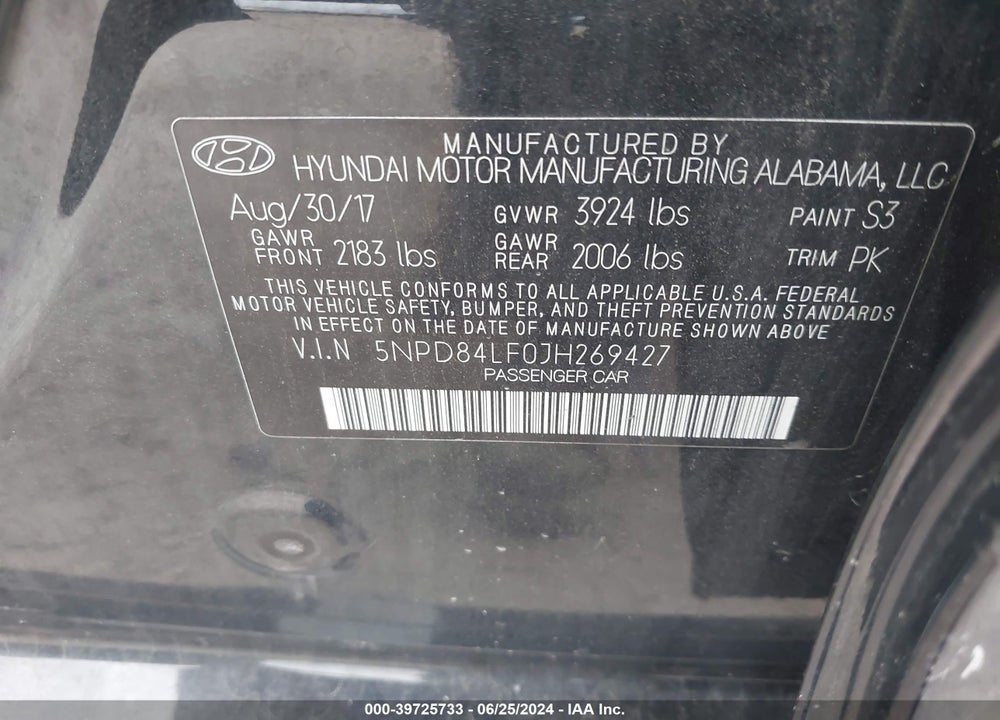 2018 HYUNDAI ELANTRA SEL VIN: 5NPD84LF0JH269427