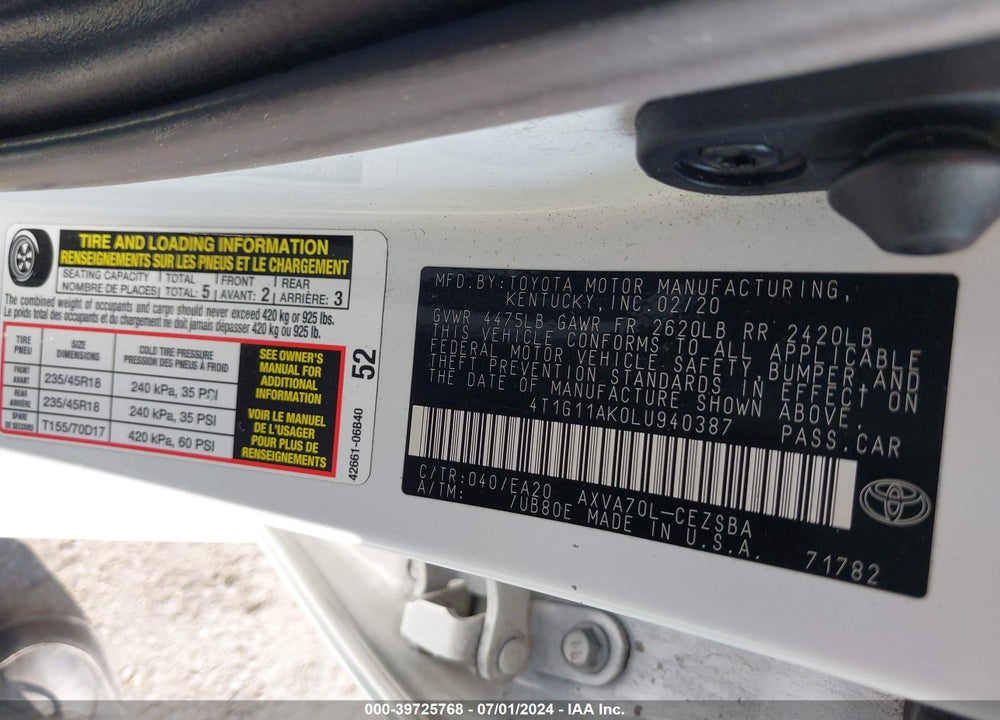 2020 TOYOTA CAMRY SE VIN: 4T1G11AK0LU940387