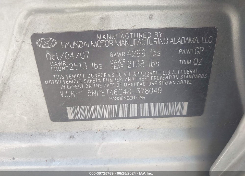2008 HYUNDAI SONATA GLS VIN: 5NPET46C48H378049