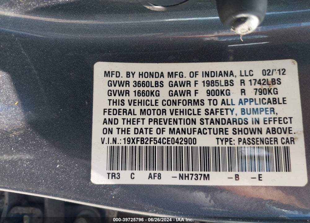 2012 HONDA CIVIC LX VIN: 19XFB2F54CE042900