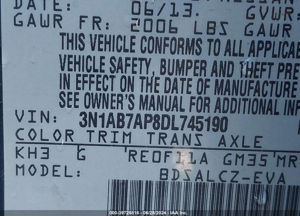 2013 NISSAN SENTRA S VIN: 3N1AB7AP8DL745190