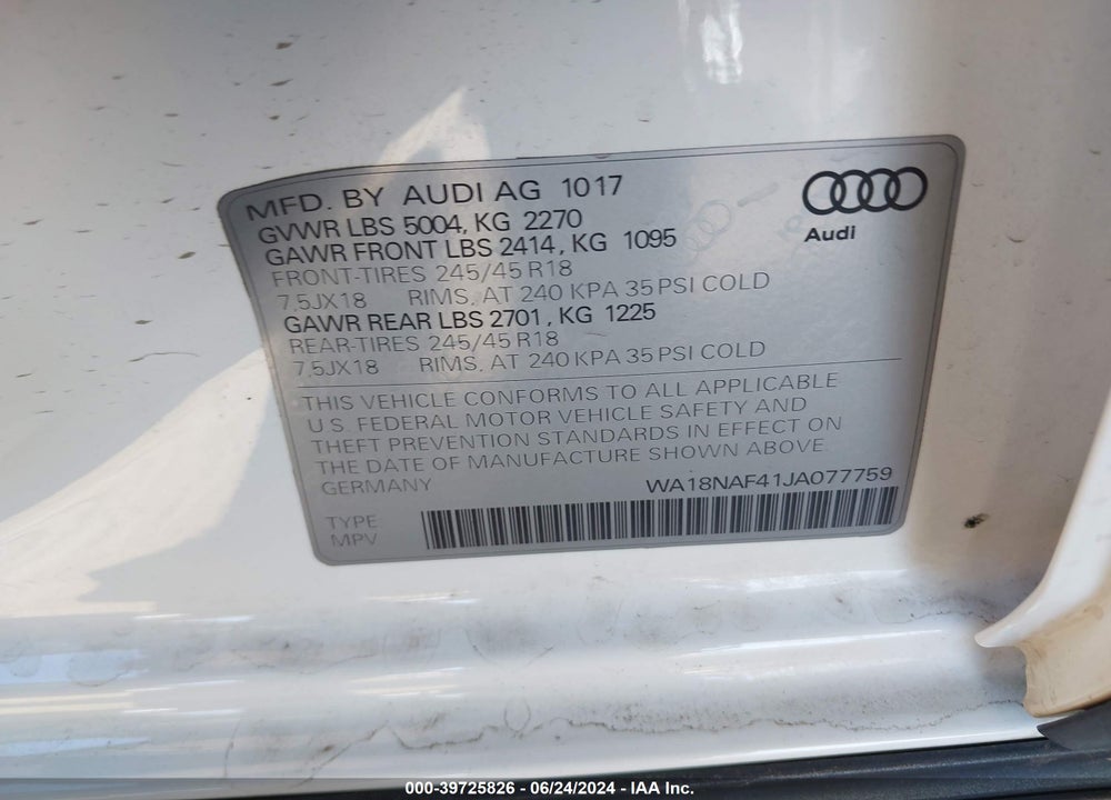 2018 AUDI A4 ALLROAD 2.0T PREMIUM/2.0T TECH PREMIUM VIN: WA18NAF41JA077759