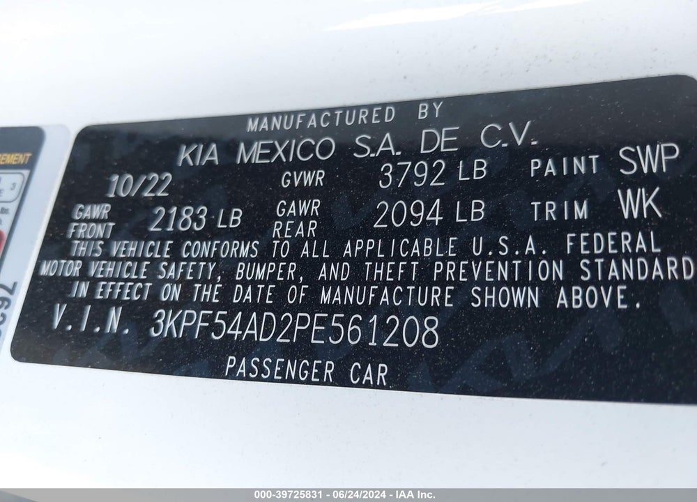 2023 KIA FORTE GT LINE VIN: 3KPF54AD2PE561208