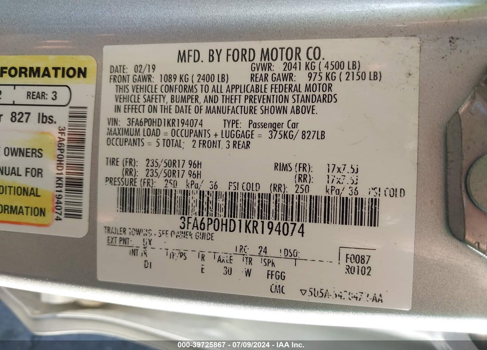 2019 FORD FUSION SE VIN: 3FA6P0HD1KR194074