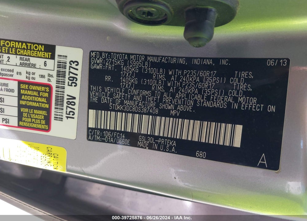 2013 TOYOTA SIENNA LE V6 8 PASSENGER VIN: 5TDKK3DC8DS387408