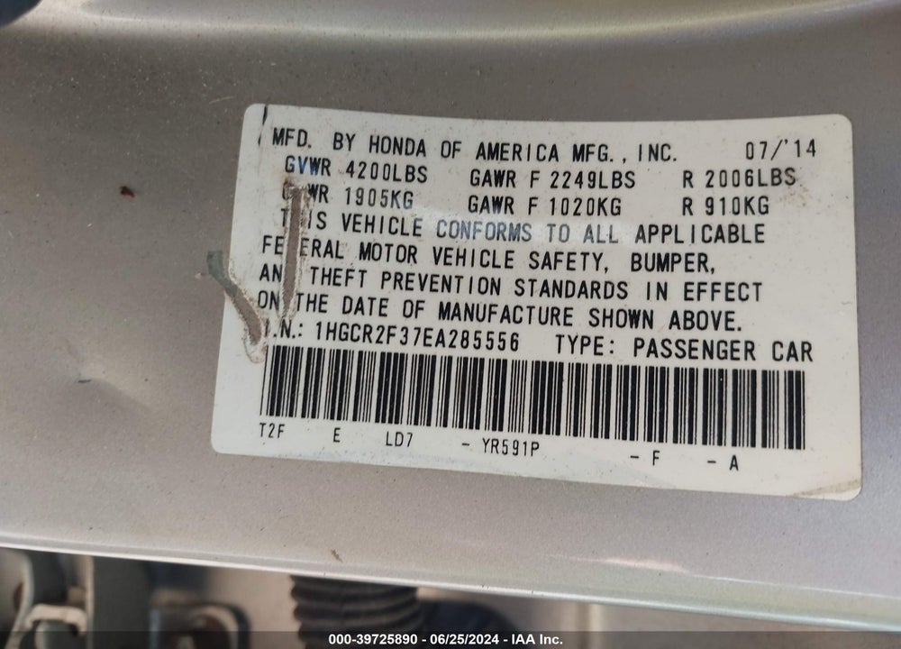2014 HONDA ACCORD LX VIN: 1HGCR2F37EA285556