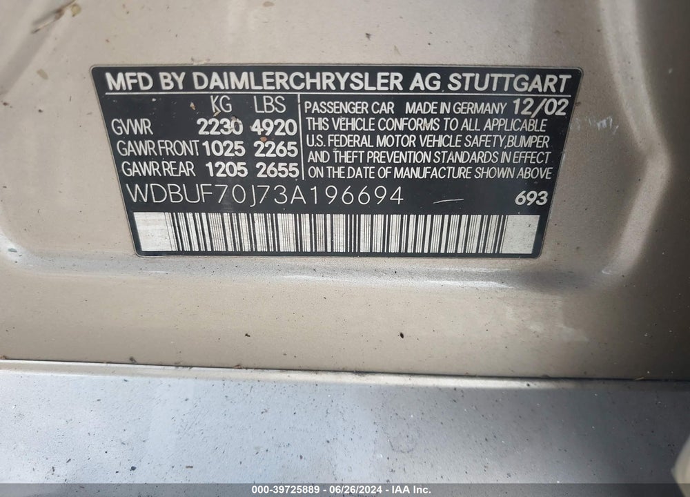 2003 MERCEDES-BENZ E 500 VIN: WDBUF70J73A196694