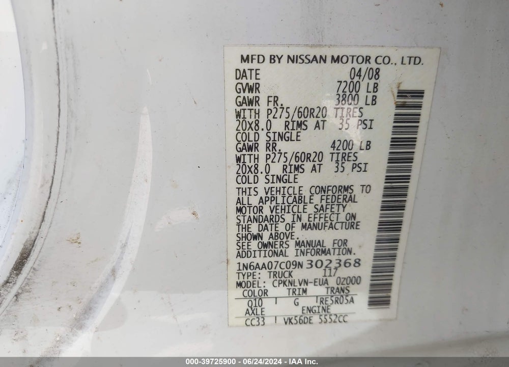 2009 NISSAN TITAN LE VIN: 1N6AA07C09N302368